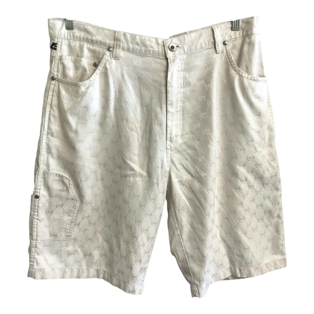 Rare Y2K Hip Hop Phat Farm New York White Shimmer All Over LOGO Shorts Mens 38